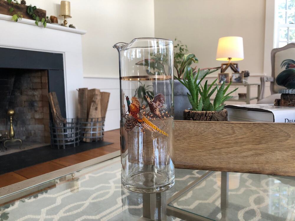 Vintage Pheasant Cocktail Pitcher Mid Century Glass Decanter Gold Band Barware